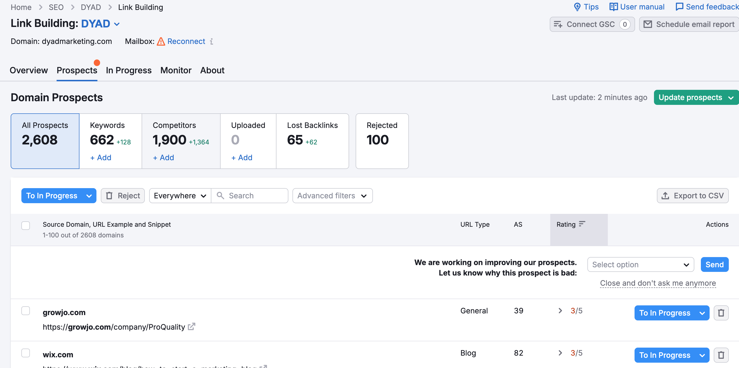 Upload prospects to link building tool in SEMrush