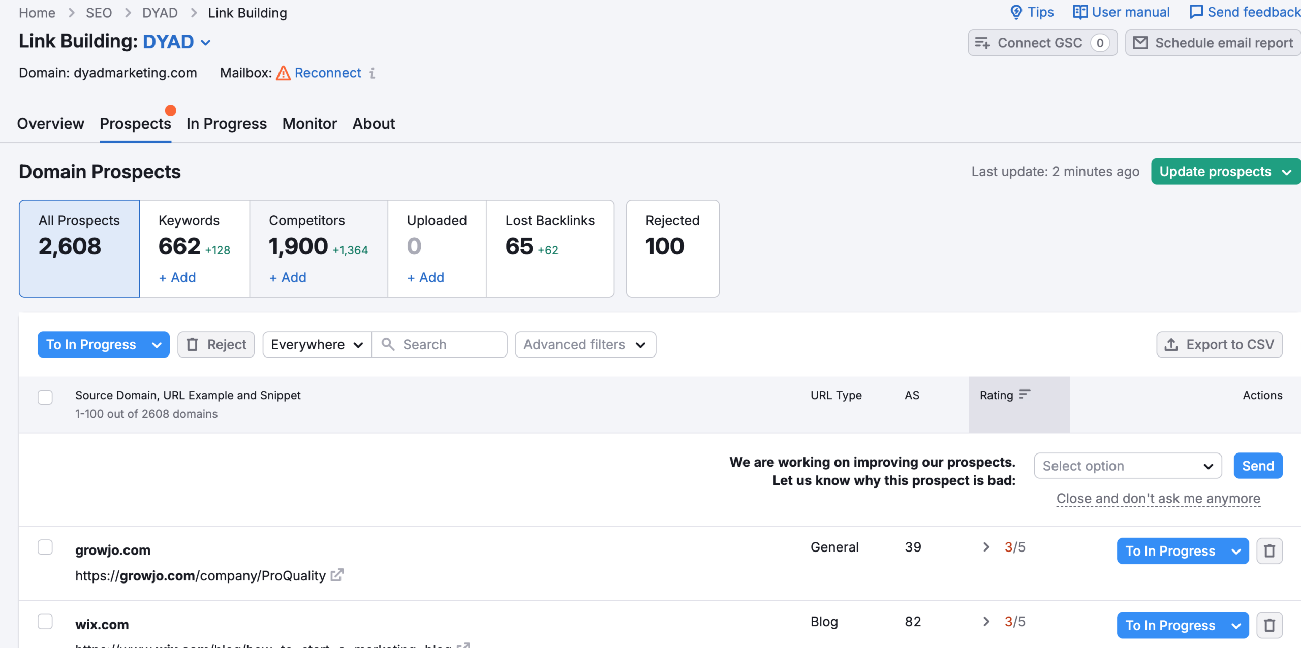 Upload prospects to link building tool in SEMrush